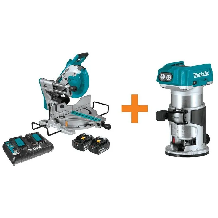 Makita 18-Volt X2 LXT Lithium-Ion Brushless Cordless 10 in. Dual-Bevel Sliding Compound Miter Saw 5.0 Ah with BONUS Router, photo 3 of 11