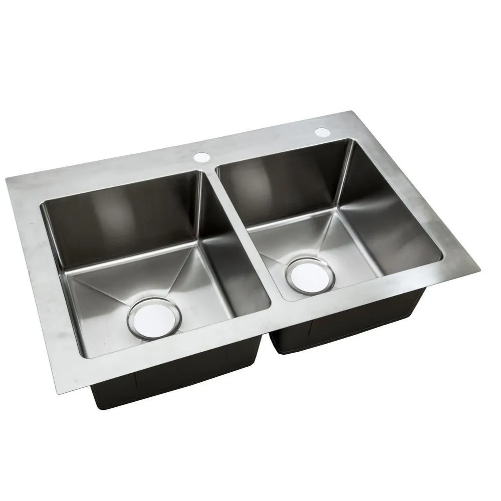 All-in-One Dual Mount Stainless Steel 33 in. 2-Hole 50/50 Double Bowl Kitchen Sink in Brushed Finish, photo 7 of 9