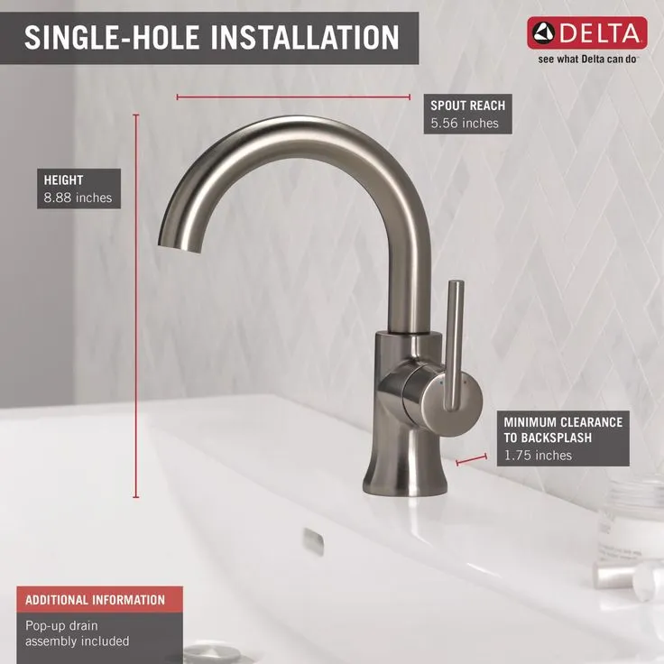 Delta Trinsic Stainless 1-Handle Single Hole WaterSense Bathroom Sink Faucet with Drain, photo 4 of 7