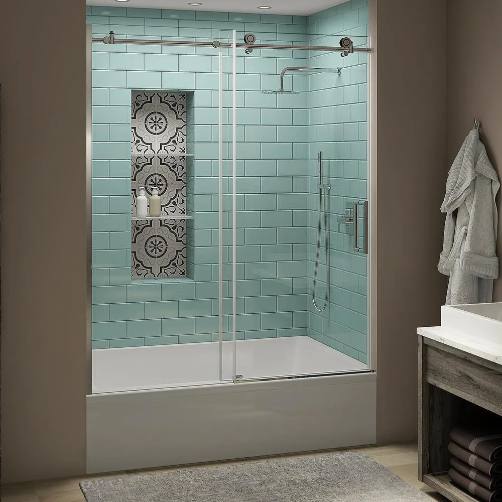 Coraline XL 56 - 60 in. x 70 in. Frameless Sliding Tub Door with StarCast Clear Glass in Stainless Steel, Left Opening, photo 17 of 22
