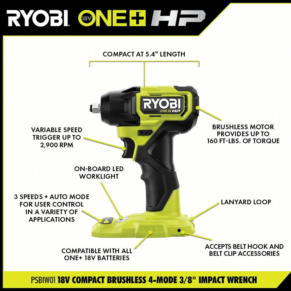 RYOBI ONE+ HP 18V Brushless Cordless Compact 1/4 in. Impact Driver, 3/8 in. Impact Wrench, (2) Batteries, Charger, and Bag, photo 4 of 13