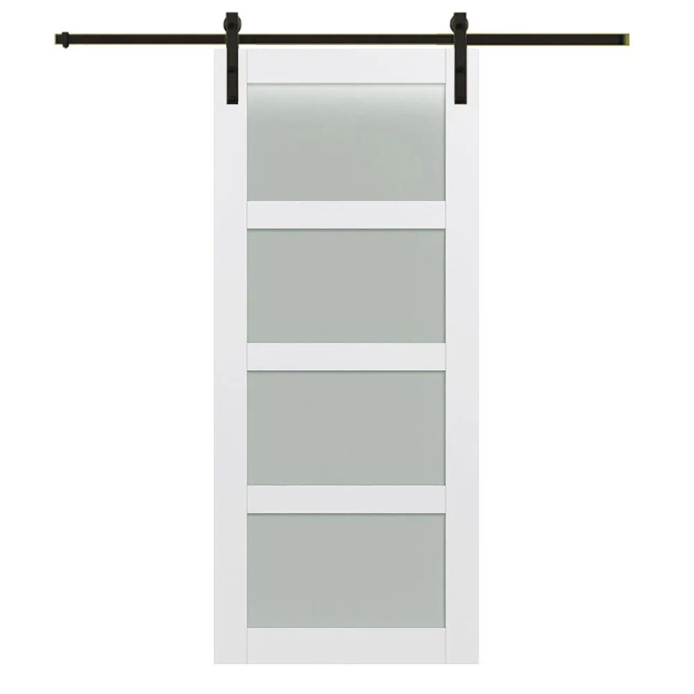 MMI Door 42 in. x 84 in. Shaker 4-Lite Frosted Glass Primed MDF Sliding Barn Door with Bent Strap Hardware Kit, photo 7 of 10