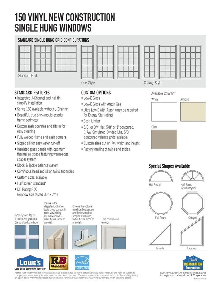 RELIABILT 150 Series New Construction 35-1/2-in x 61-1/2-in x 3-1/4-in Jamb White Vinyl Dual-pane Single Hung Window Half Screen Included, photo 6 of 8
