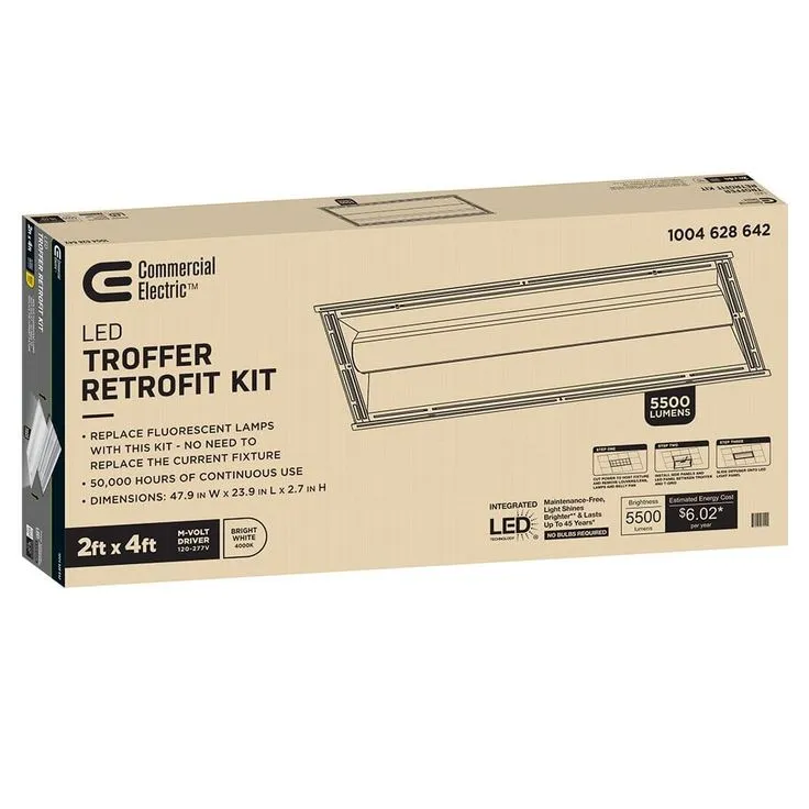 Commercial Electric 2 ft. x 4 ft. 100-Watt Equivalent Integrated LED White Troffer Light Kit Retrofit 5500 Lumen 4000K Bright White (4-Pack), photo 5 of 11