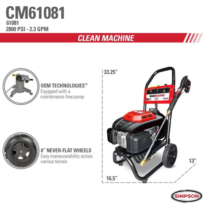 Simpson Clean Machine by SIMPSON CM61081 2800 PSI at 2.3 GPM SIMPSON 159cc Cold Water Residential Gas Pressure Washer, photo 5 of 8