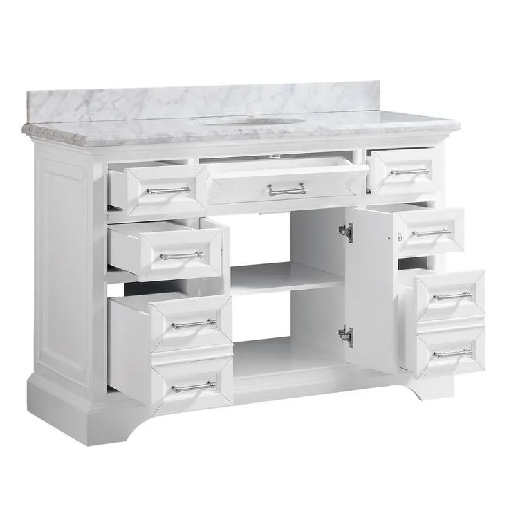 Windlowe 49 in. W x 22 in. D x 35 in. H Bath Vanity in White with Carrera Marble Vanity Top in White with White Sink, photo 2 of 11