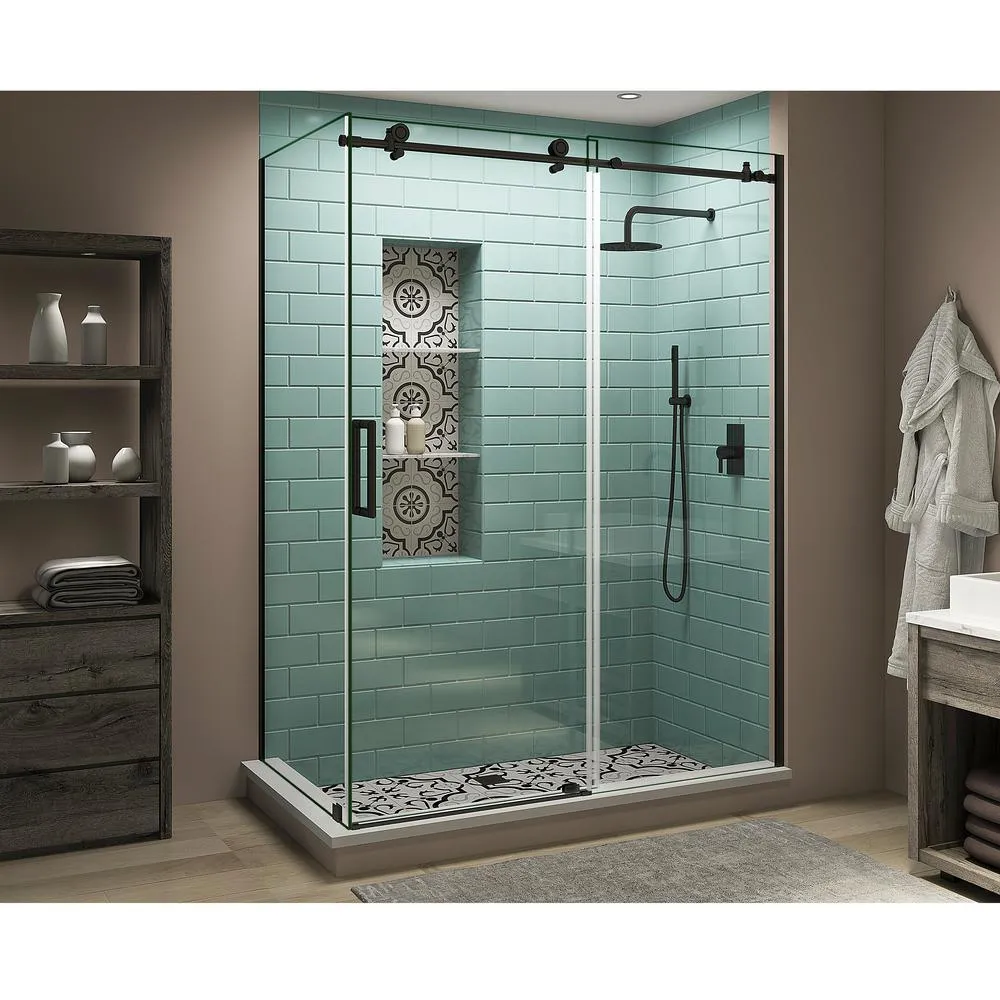60 in. - 64 in. x 34 in. x 80 in. Frameless Corner Sliding Shower Enclosure Clear Glass in Oil Rubbed Bronze Left, photo 7 of 11