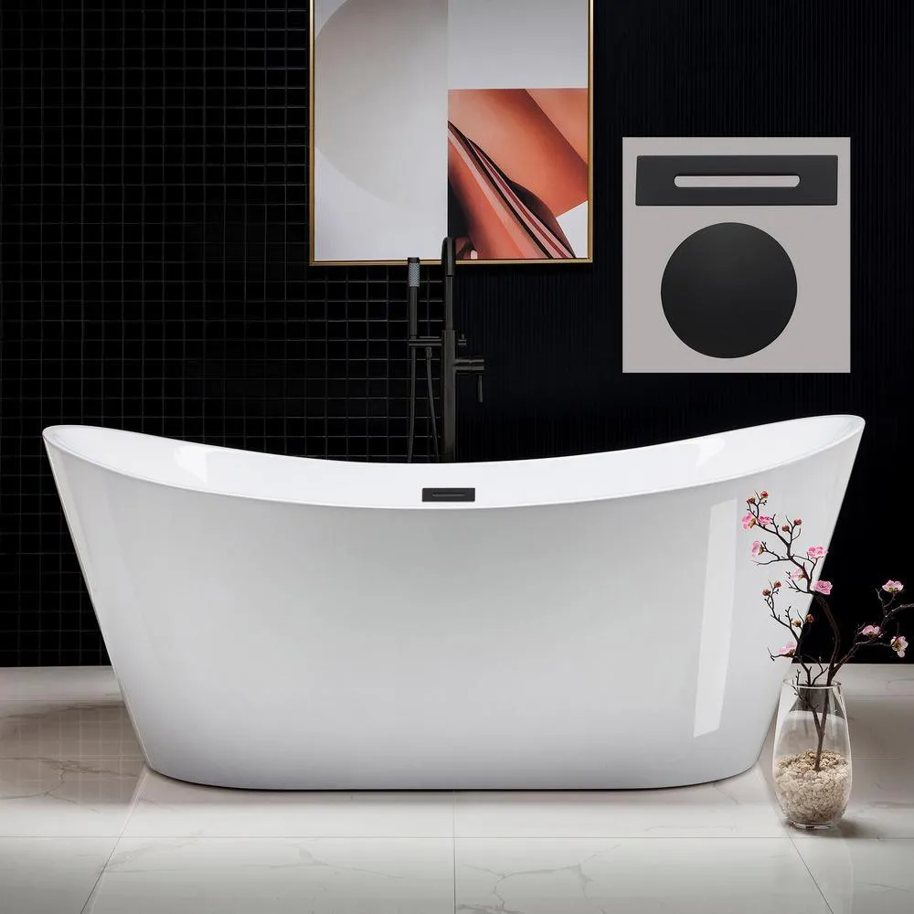 WOODBRIDGE Salou 71 in. Acrylic Freestanding Double Slipper Flat Bottom Bathtub with Chrome Drain and Overflow Included in White, photo 6 of 9