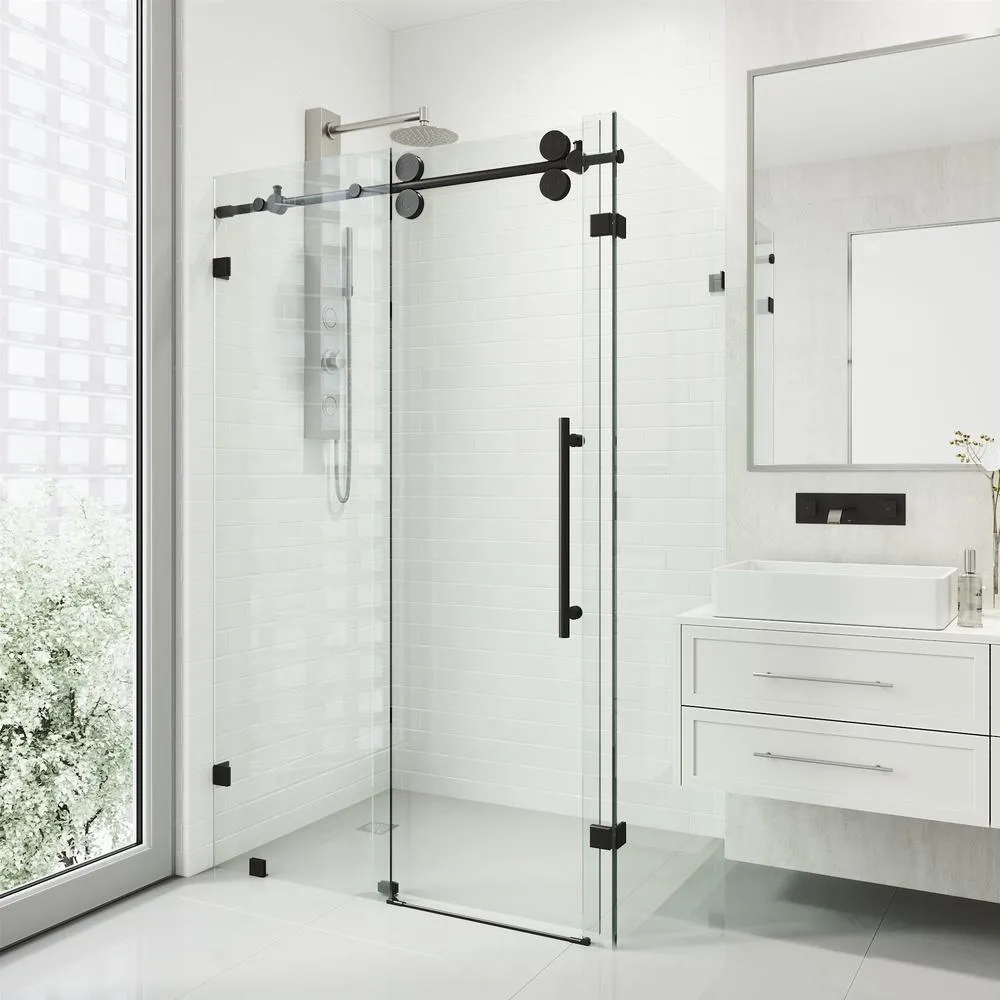 Winslow 34.625 in. x 74 in. Frameless Corner Bypass Shower Enclosure in Stainless Steel with Clear Glass, photo 15 of 15