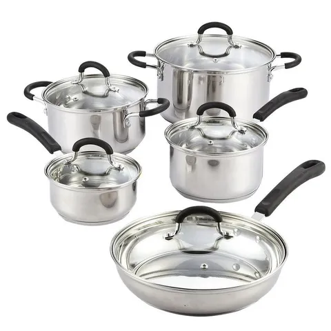 Cook N Co 10-Piece Stainless Steel Cookware Set in Black and Stainless Steel