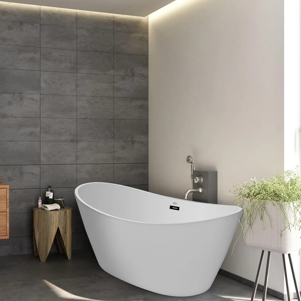 Empava 59 in. Free Standing Bathtub Streamline Stand Alone Flatbottom Acrylic Deep Soaking SPA Tubs for Adults in White, photo 7 of 8