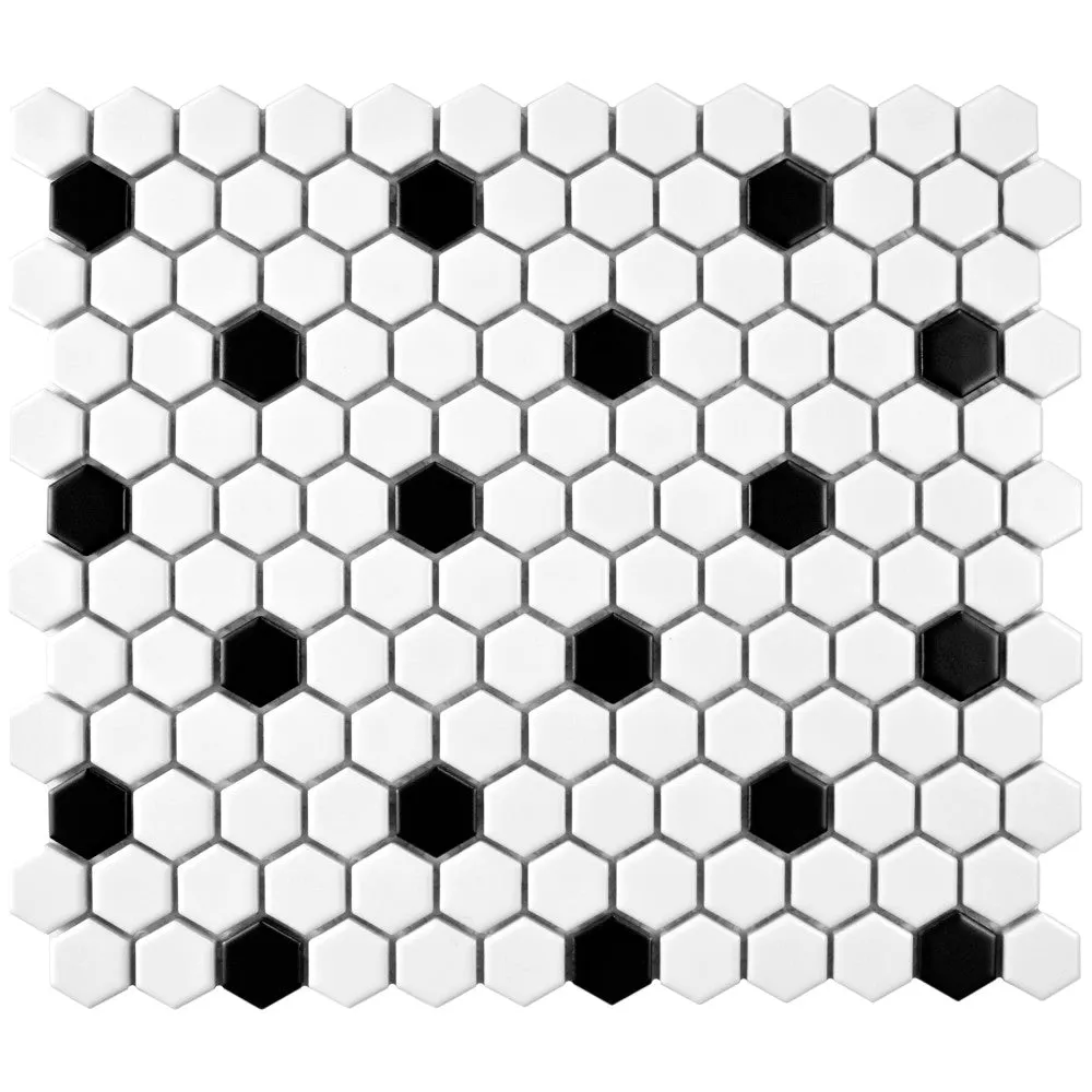 Merola Tile Metro Hex Matte White with Black Dot 10-1/4 in. x 11-7/8 in. x 6mm Porcelain Mosaic Tile, photo 5 of 8