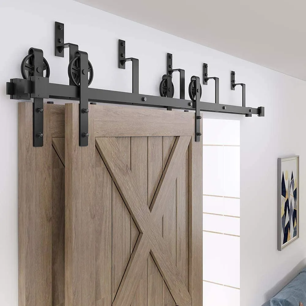 WINSOON 12 ft./144 in. Black Sliding Bypass Barn Door Hardware Track Kit for Double Doors with Non-Routed Floor Guide, photo 5 of 7
