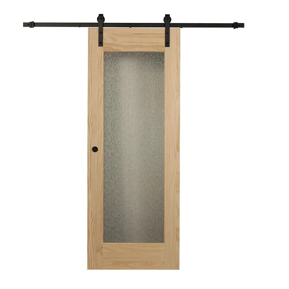 34 in. x 84 in. Timber Hill Rain Glass and Unfinished Pine Wood Sliding Barn Door Slab with Hardware Kit, photo 8 of 9