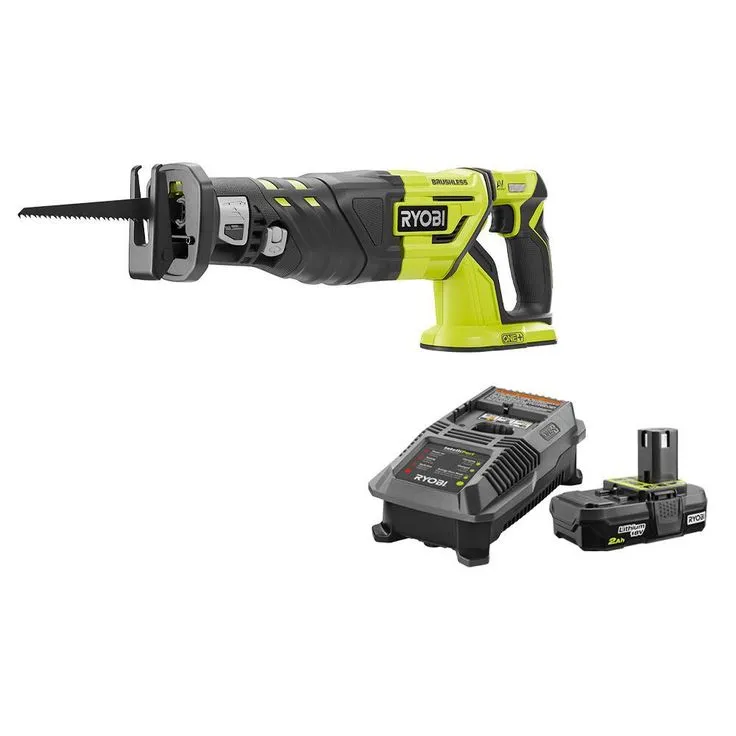 RYOBI 18-Volt ONE+ Cordless Brushless Reciprocating Saw with Wood Cutting Blade with 2.0 Ah Battery and Charger Kit, photo 6 of 11