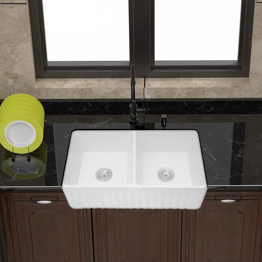 Fireclay 33 in. 50/50 Double Bowl Farmhouse/ Apron-Front Porcelain Ceramic Kitchen Sink in White, photo 8 of 8