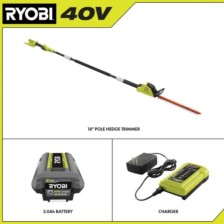 RYOBI 18 in. 40-Volt Lithium-Ion Cordless Pole Hedge Trimmer with 2.0 Ah Battery and Charger Included, photo 2 of 8