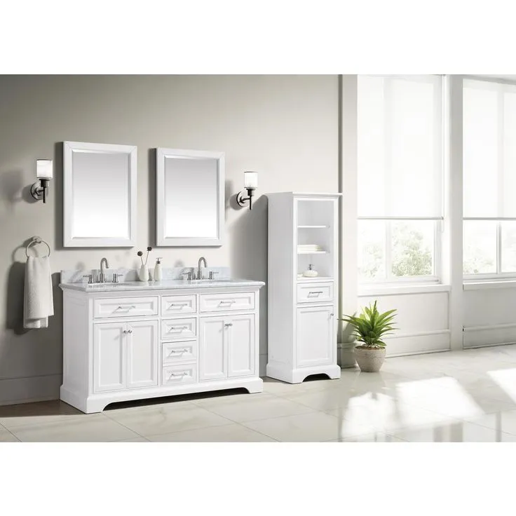 Windlowe 61 in. W x 22 in. D x 35 in. H Bath Vanity in White with Carrera Marble Vanity Top in White with White Sink, photo 2 of 10