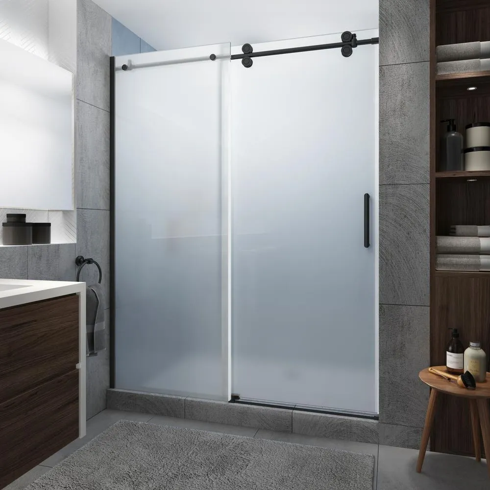 Langham XL 68 - 72 in. x 80 in. Frameless Sliding Shower Door with Ultra-Bright Frosted Glass in Stainless Steel, photo 21 of 22