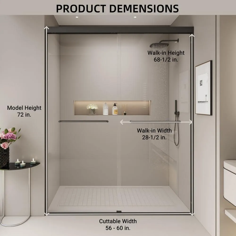 Abruzzo 60 in.W x 72 in.H Double Sliding Semi-frameless Bypass Bathroom Shower Door in Brushed Nickel with 1/4 in.Tempered Glass, photo 7 of 8