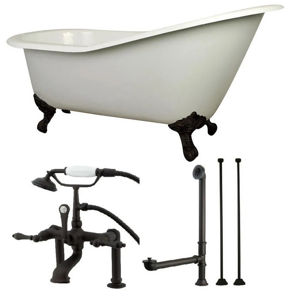 Slipper 62 in. Cast Iron Clawfoot Bathtub in White with Faucet Combo in Polished Brass, photo 8 of 8