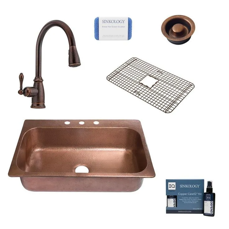 Angelico All-In-One Copper Drop-In 33 in. 3-Hole Single Bowl Kitchen Sink with Pfister Bronze Faucet and Drain, photo 4 of 5