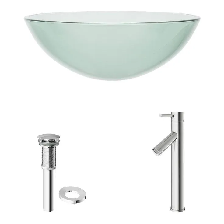 VIGO Glass Vessel Bathroom Sink in Clear Crystalline and Dior Vessel Faucet Set in Brushed Nickel, photo 10 of 11