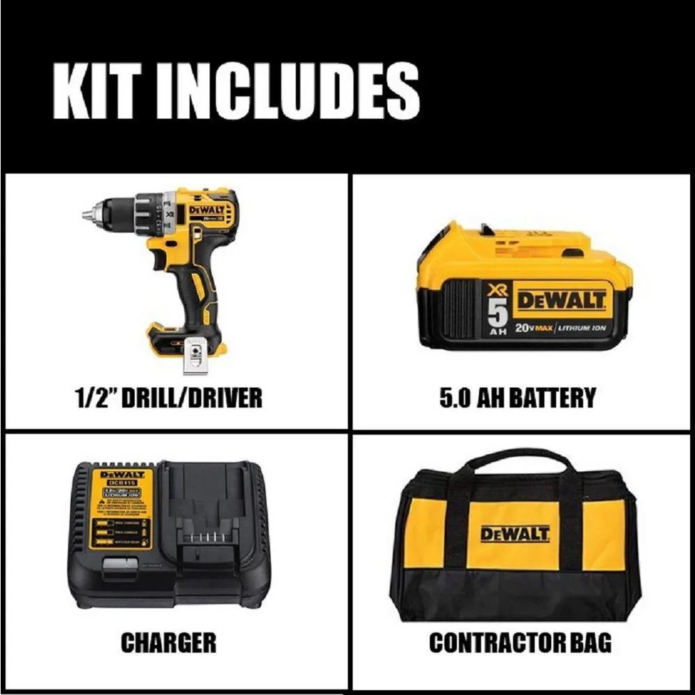 DEWALT 20-Volt MAX XR Lithium-Ion Brushless Cordless 1/2 in. Drill/Driver with 5 Ah Battery, Charger and Tool Bag, photo 2 of 11