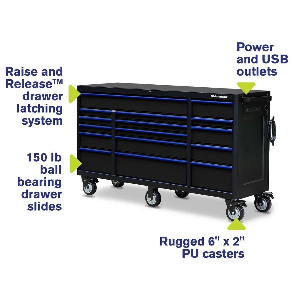 Montezuma 72 in. x 20 in. 16-Drawer Roller Cabinet Tool Chest with Power and USB Outlets in Black and Blue, photo 2 of 11