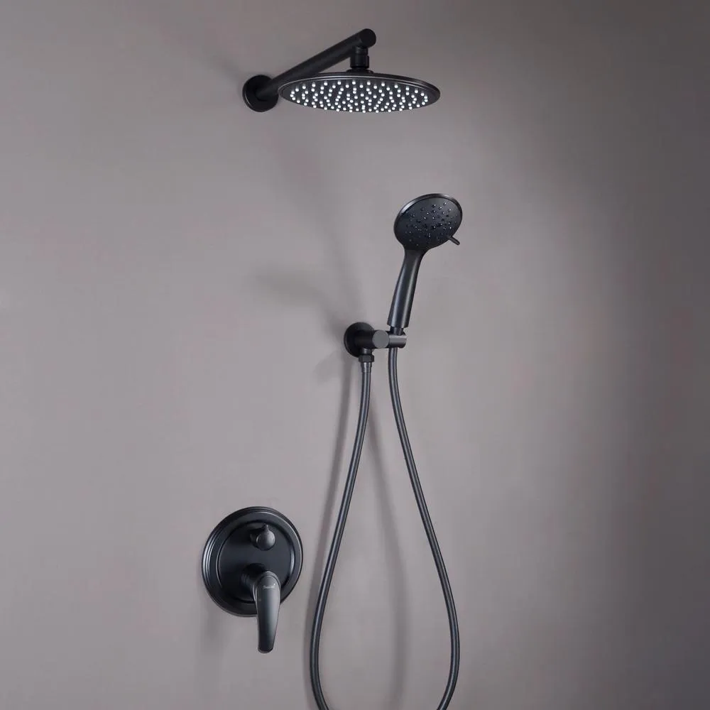 5-Spray Patterns with 2.66 GPM 9 in. Wall Mount Dual Shower Heads with Pressure Balance Round-In Valve in Matte Black, photo 3 of 12