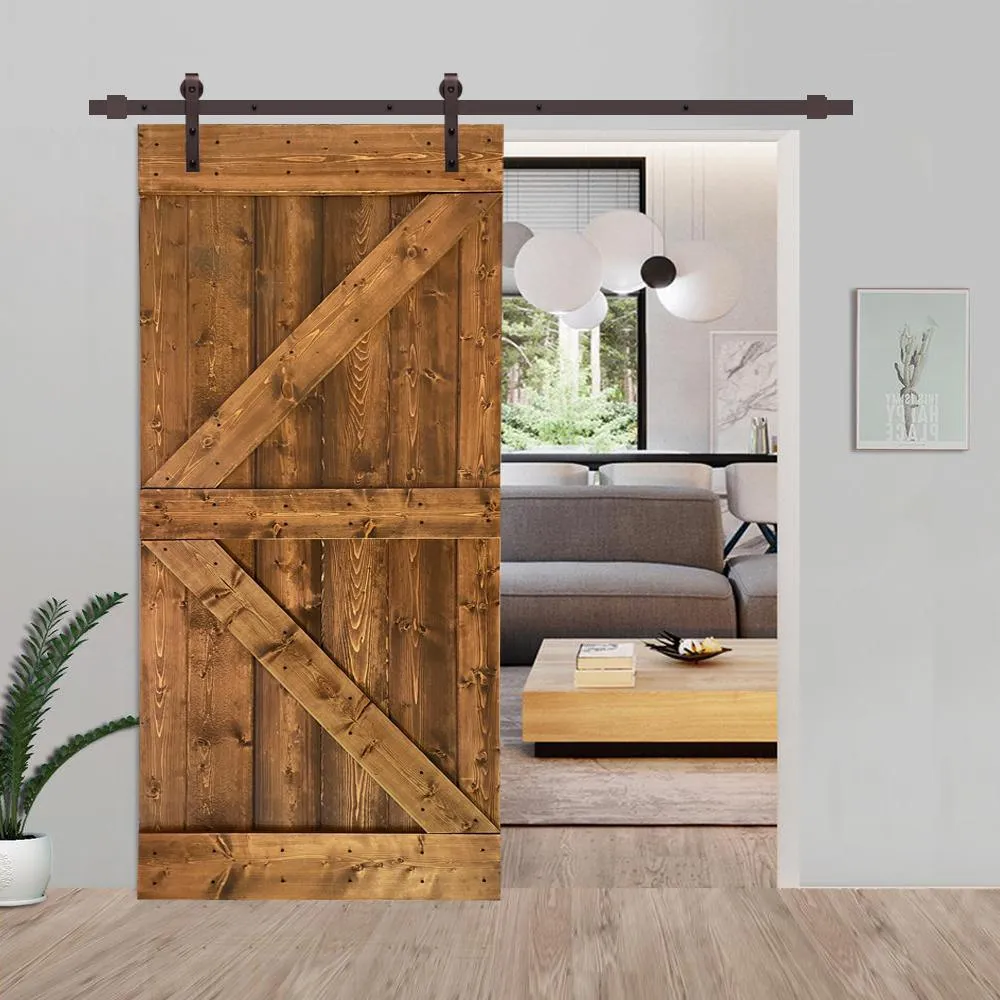 CALHOME Distressed K 42 in. x 84 in. Walnut Stained Solid Knotty Pine Wood Interior Sliding Barn Door with Hardware Kit, photo 5 of 29