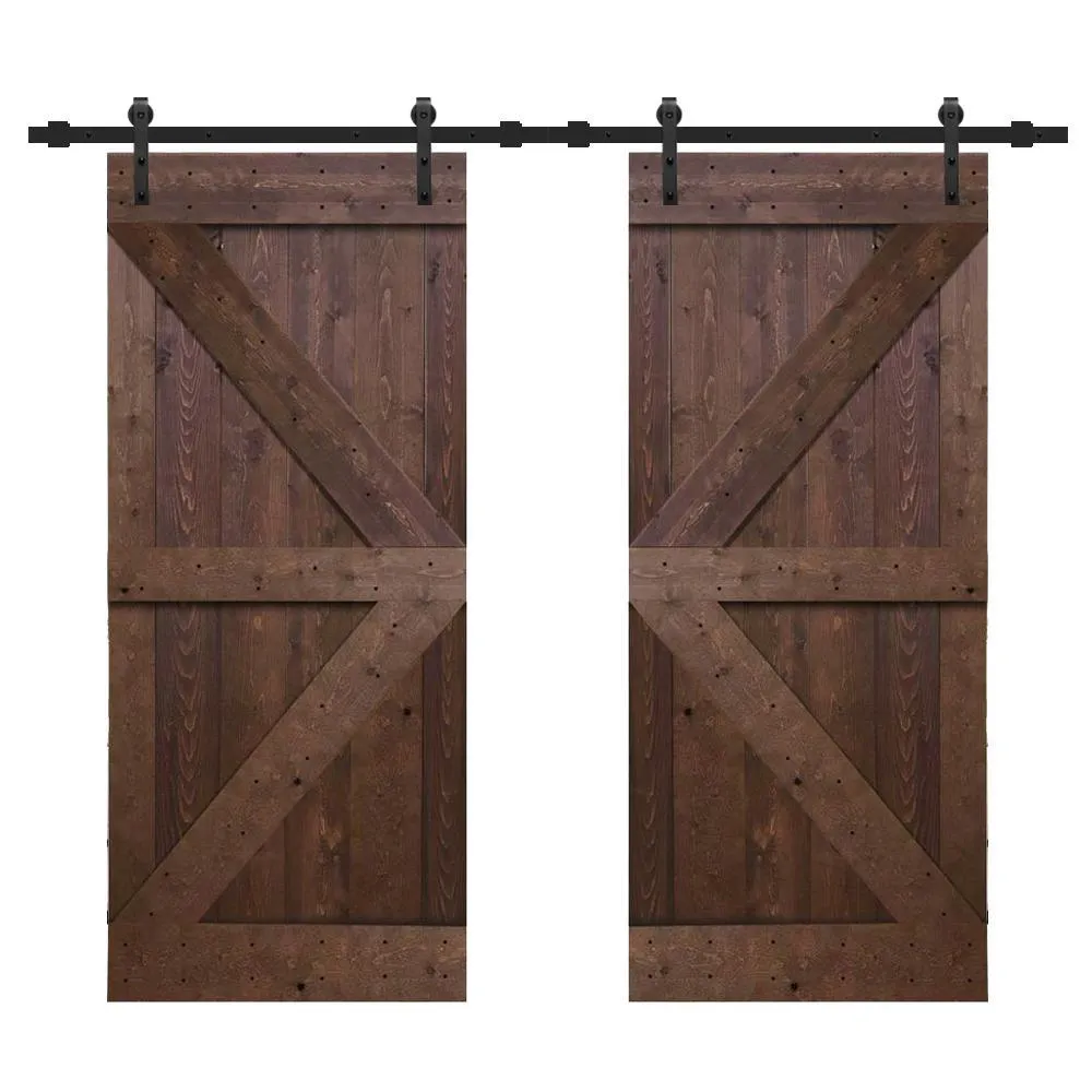 CALHOME K Series 36 in. x 84 in. Gray Stained Solid Knotty Pine Wood Double Interior Sliding Barn Doors with Hardware Kit, photo 3 of 4