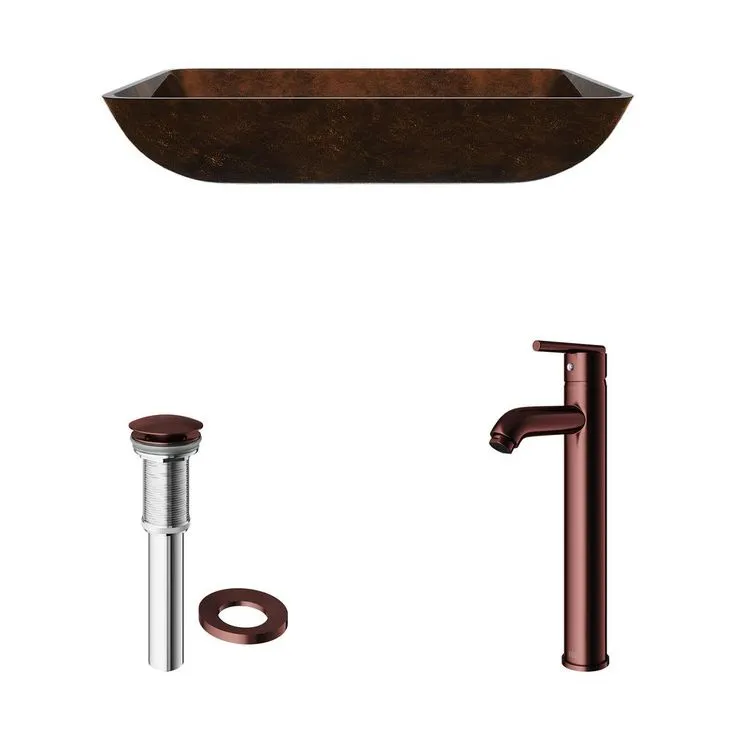 VIGO Rectangular Glass Vessel Bathroom Sink in Russet with Faucet Set in Oil Rubbed Bronze, photo 8 of 11