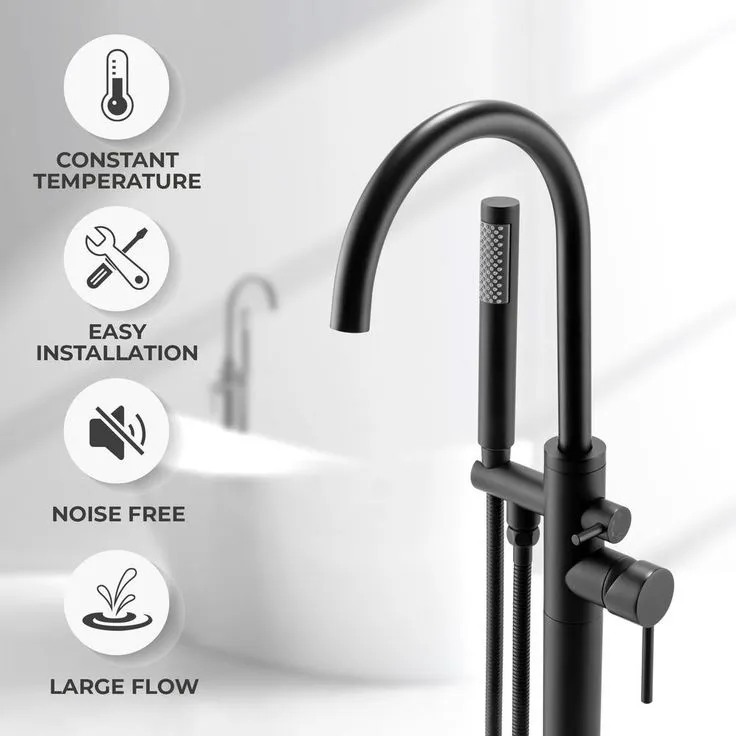 1-Handle Freestanding Floor Mount Tub Faucet Bathtub Filler with Hand Shower in Matte Black, photo 5 of 8
