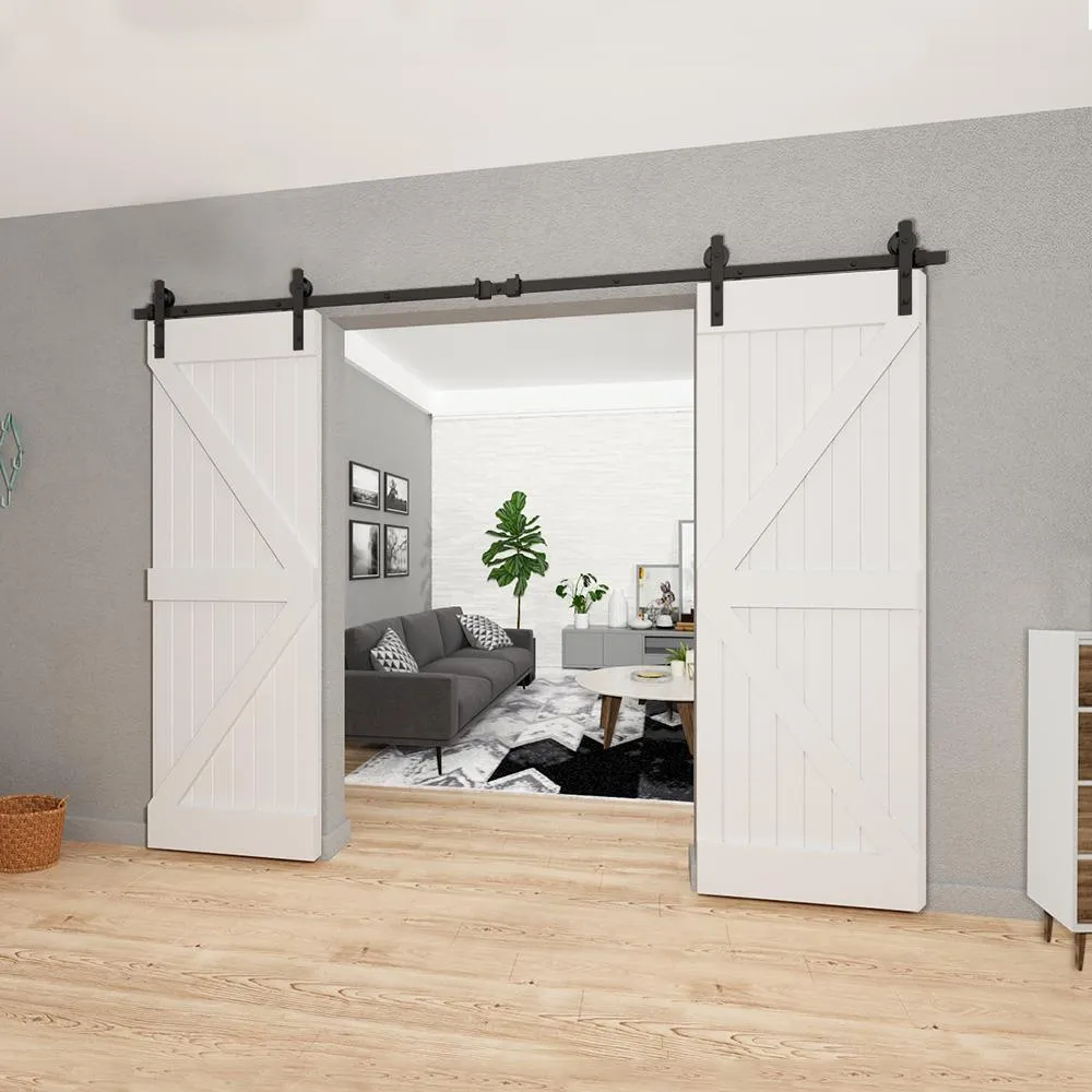 10 ft./120 in. Black Steel Straight Strap Sliding Barn Door Track and Hardware Kit for Double Doors with Floor Guide, photo 7 of 7