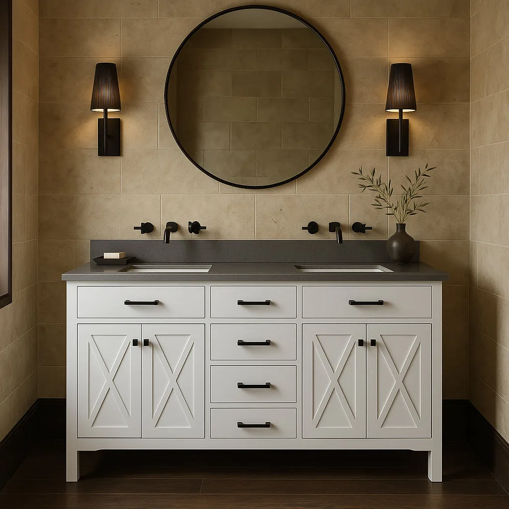 Home Decorators Collection Ainsley 60-Inch Double Sink Bathroom Vanity in White with Gray Cultured Stone Top, photo 3 of 3