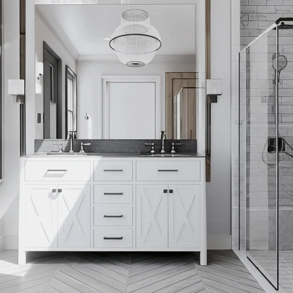 Home Decorators Collection Ainsley 60-Inch Double Sink Bathroom Vanity in White with Gray Cultured Stone Top, photo 2 of 3