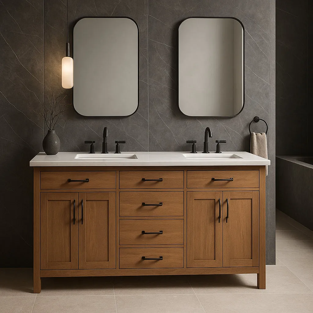 Home Decorators Collection Bellington 60 in. Double Sink Vanity in Almond Toffee with White Engineered Stone Top, photo 3 of 3