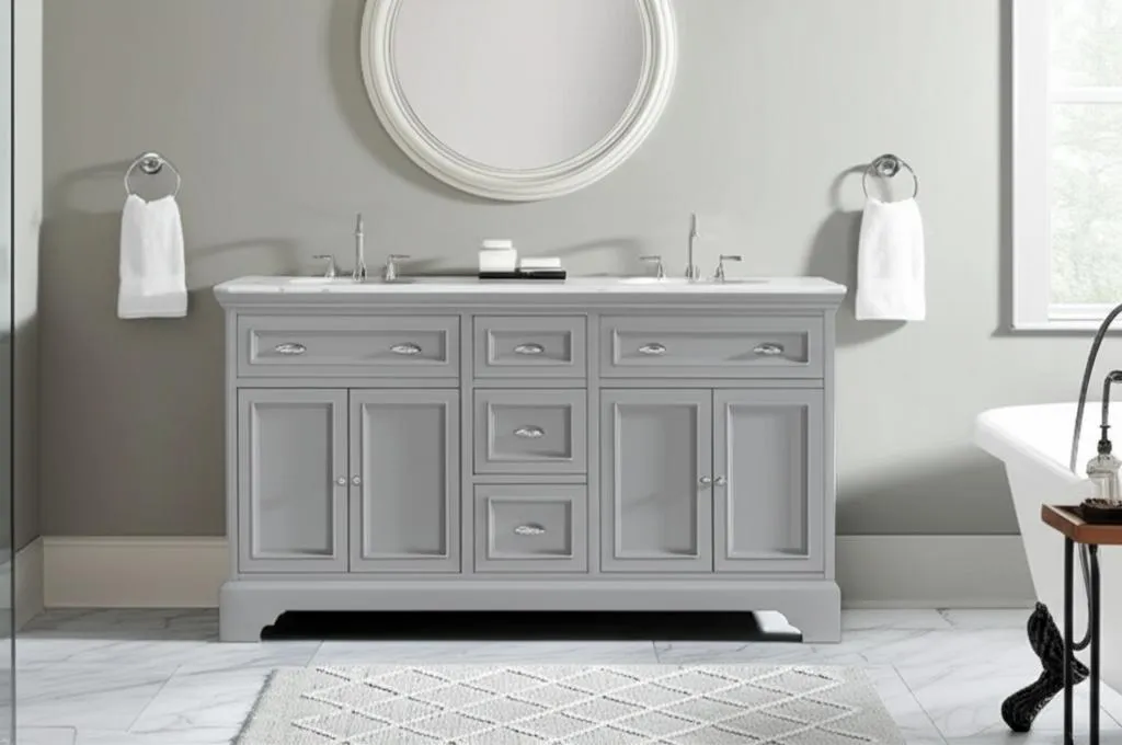 Home Decorators Collection Sadie 67" Double Sink Gray Bath Vanity with Marble Top, photo 2 of 3