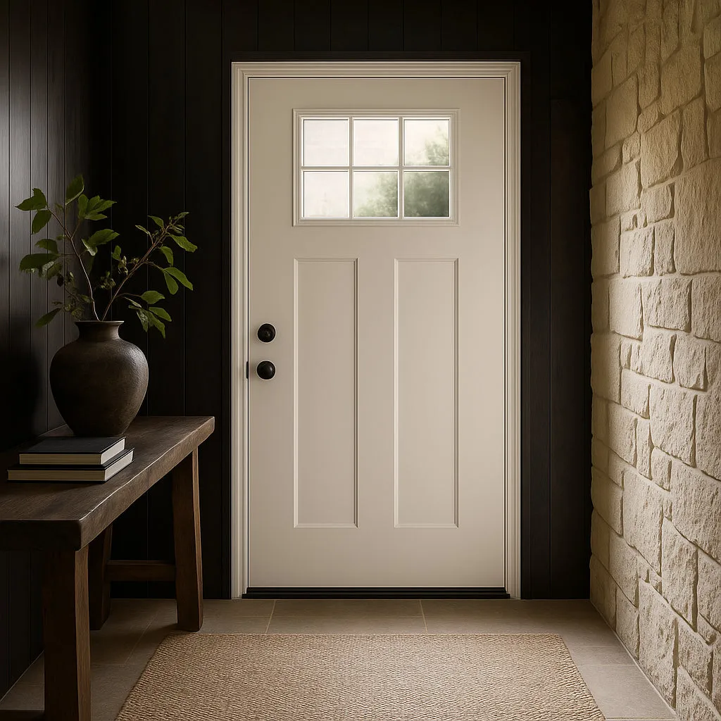 Masonite 36 x 80 in. Craftsman 6 Lite Right-Hand Inswing Primed White Smooth Fiberglass Prehung Front Door with Brickmold, photo 4 of 4