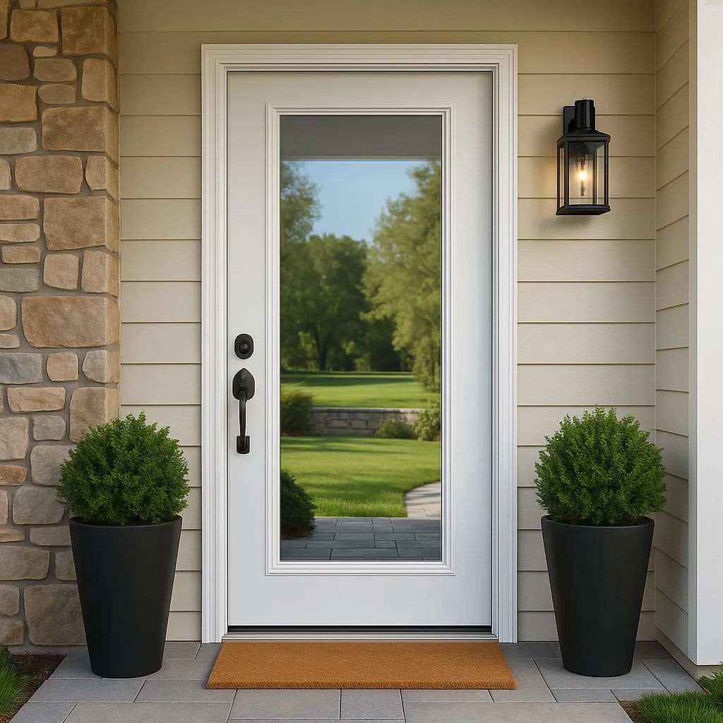 Masonite Premium Full Lite Primed Steel Prehung Front Door with Brickmold, Right-Hand Inswing, 32 in. x 80 in., photo 3 of 4
