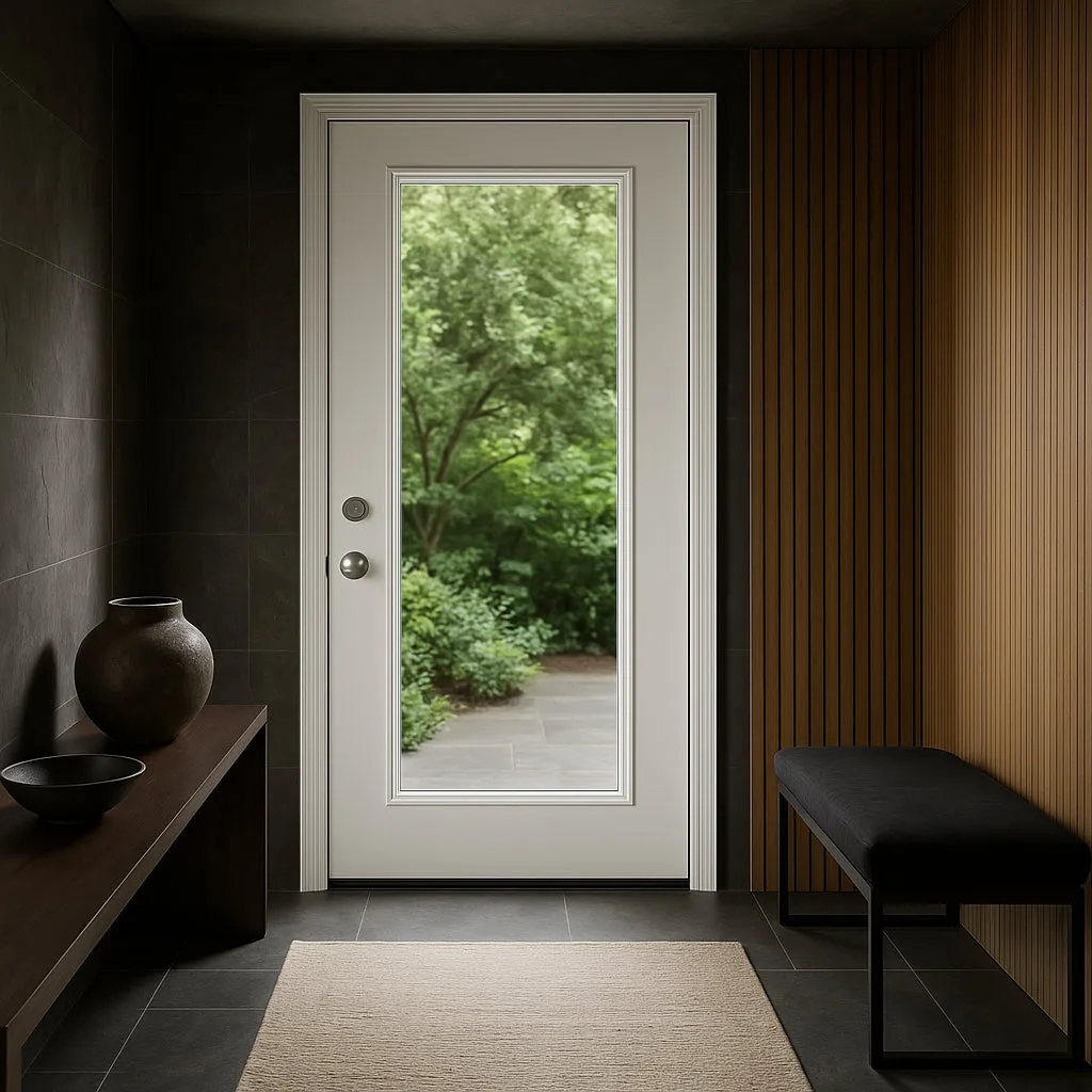 Masonite Premium Full Lite Primed Steel Prehung Front Door with Brickmold, Right-Hand Inswing, 32 in. x 80 in., photo 4 of 4