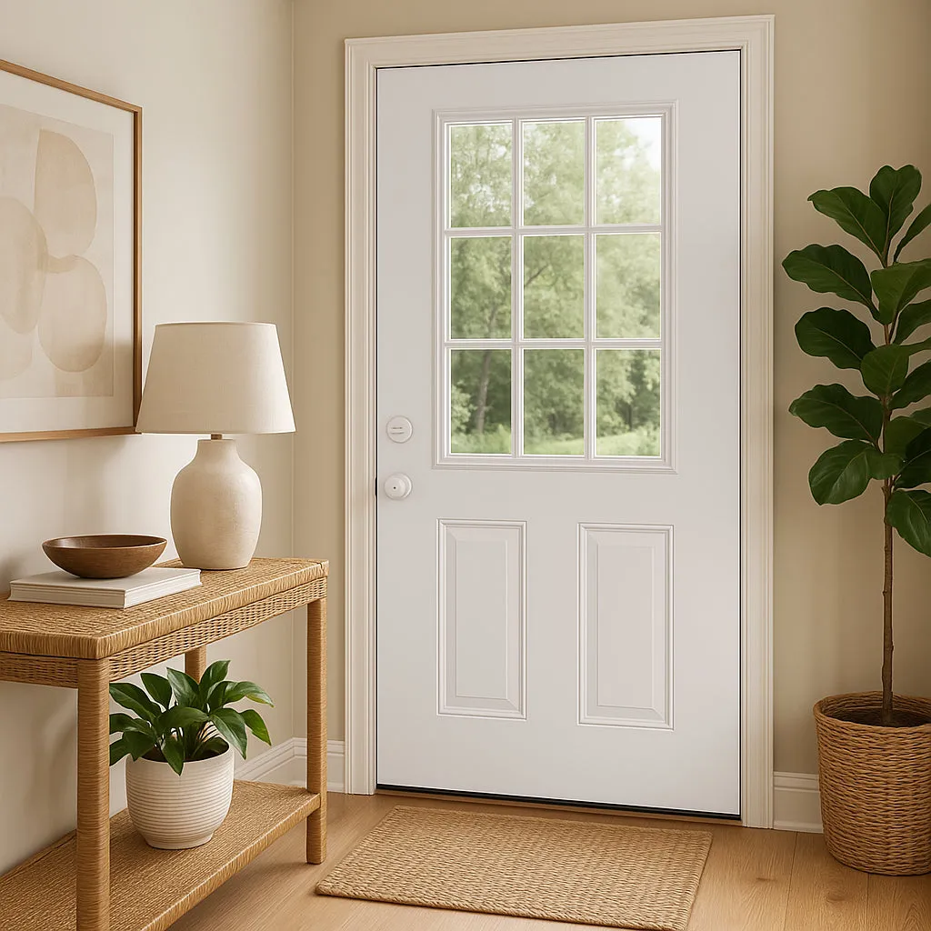 Masonite Premium 9 Lite Primed Steel Prehung Front Door, Right-Hand Inswing, No Brickmold, 36 in. x 80 in., photo 11 of 12