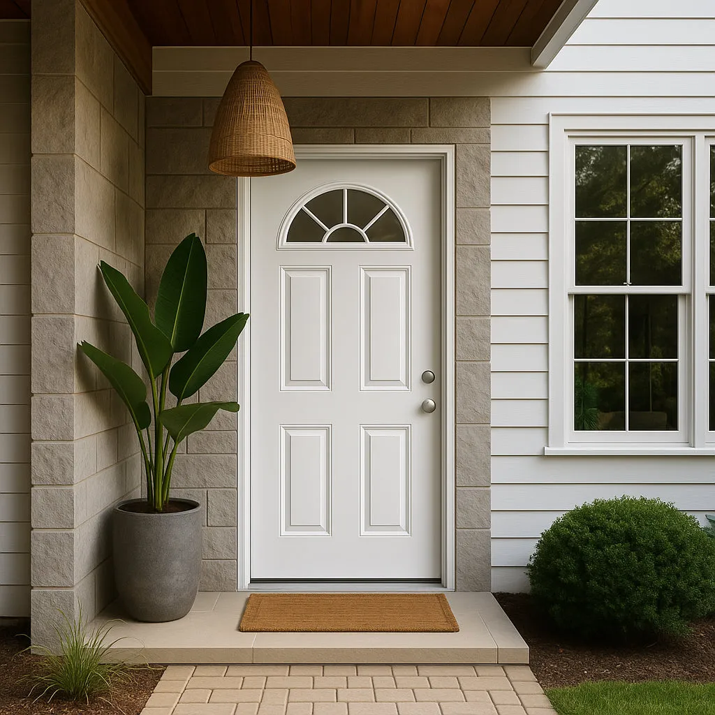 Masonite Premium Fan Lite Primed Steel Prehung Front Door, No Brickmold, 32 in. x 80 in., Left Hand Inswing, photo 4 of 5