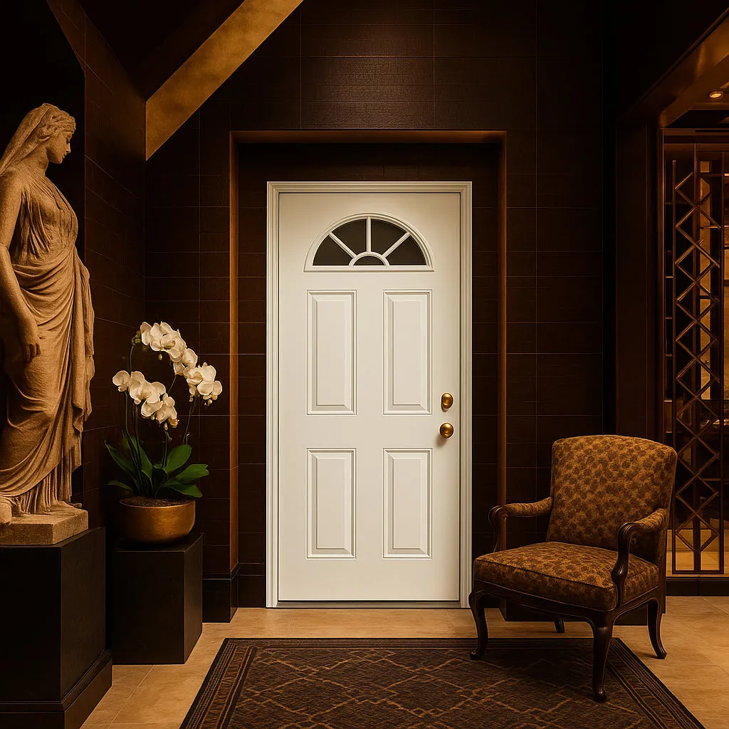 Masonite Premium Fan Lite Primed Steel Prehung Front Door, No Brickmold, 32 in. x 80 in., Left Hand Inswing, photo 5 of 5