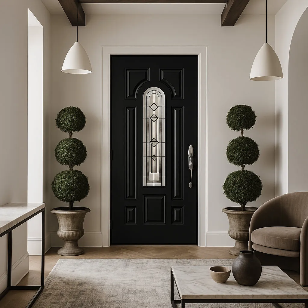 Masonite Providence Center Arch Jet Black Steel Prehung Front Door with Brickmold, Left-Hand Inswing, 36 in. x 80 in., photo 4 of 6