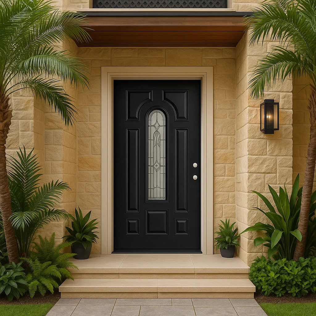 Masonite Providence Center Arch Jet Black Steel Prehung Front Door with Brickmold, Left-Hand Inswing, 36 in. x 80 in., photo 5 of 6