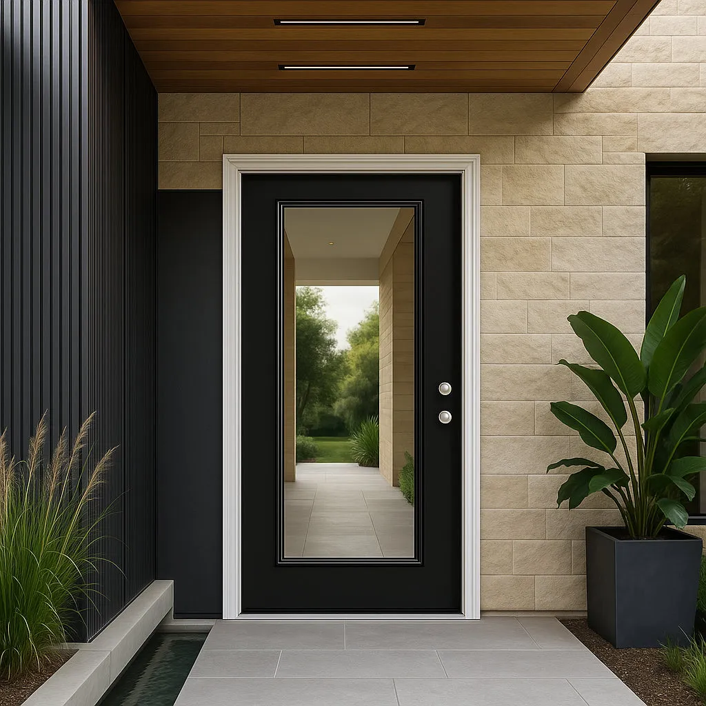 Masonite 36 in. x 80 in. Full Lite Jet Black Left Hand Inswing Painted Smooth Fiberglass Prehung Front Exterior Door with Brickmold, photo 4 of 5