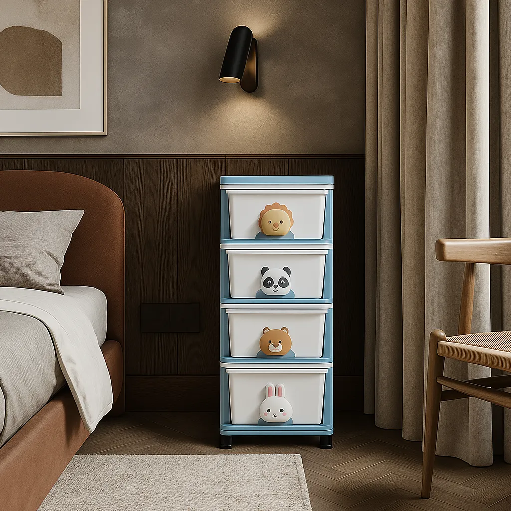 FUNKOL 15.75 in. W x 13.39 in. D x 31.50 in. H White and Blue Plastic 4-Layer Floor Drawer Cabinet with Cartoon Handles, photo 2 of 4