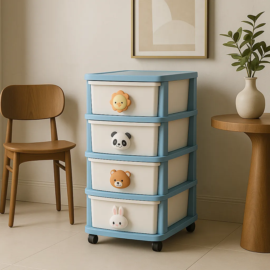 FUNKOL 15.75 in. W x 13.39 in. D x 31.50 in. H White and Blue Plastic 4-Layer Floor Drawer Cabinet with Cartoon Handles, photo 3 of 4